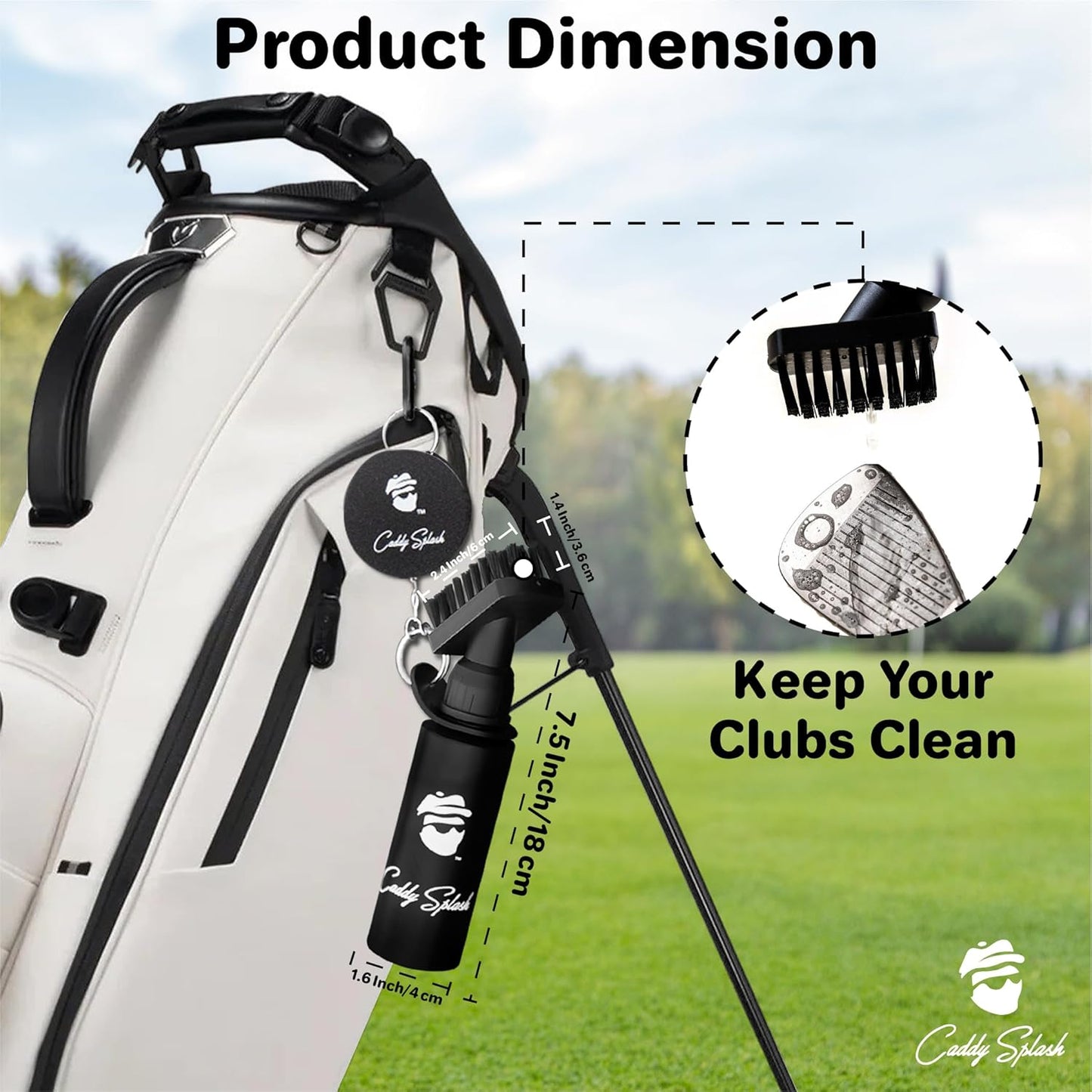 Caddy Splash Golf Water Brush – Retractable Nylon-Bristle Club Cleaner with Anti-Leak Reservoir, Squeeze Bottle Design, 18" Retractor Clip, Wide Cleaning Coverage, Lightweight & Portable – 7.5" Holds 4 oz – Black