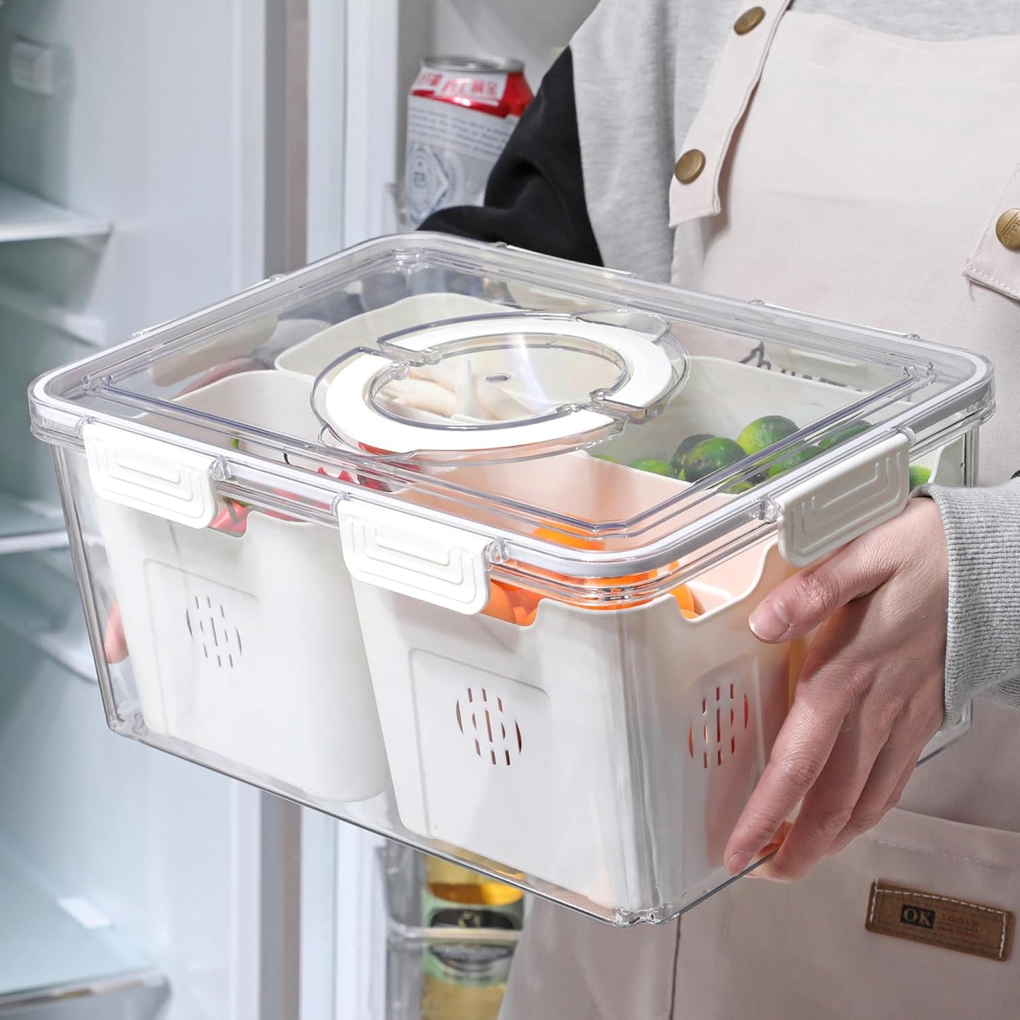 Taiuloo Divided Serving Tray with Lid & Handle, Airtight 6 Compartment Snackle Box Charcuterie Container, Fridge Organizer Bins, Food Storage Container Veggie Tray for Snack, Fruit, Salad, Nut