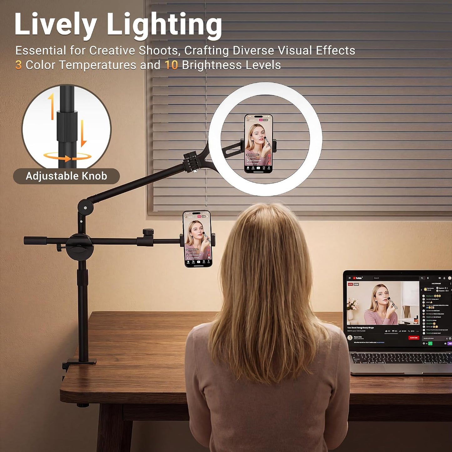 11" Ring Light with Stand, Featuring Overhead Phone Mount and Desk Ring Light with Phone Holder, Perfect for Phone Stand for Recording and Product Photography, Live Streaming YouTube TikTok