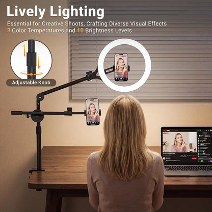 11" Ring Light with Stand, Featuring Overhead Phone Mount and Desk Ring Light with Phone Holder, Perfect for Phone Stand for Recording and Product Photography, Live Streaming YouTube TikTok
