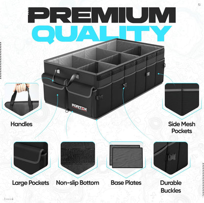 FORTEM Car Trunk Organizer, Collapsible Multi Compartment Car Organizer, Foldable SUV Storage for Car Accessories for Women Men, Non Slip Bottom, Securing Straps, Soft Cover 50L (Black, Standard)