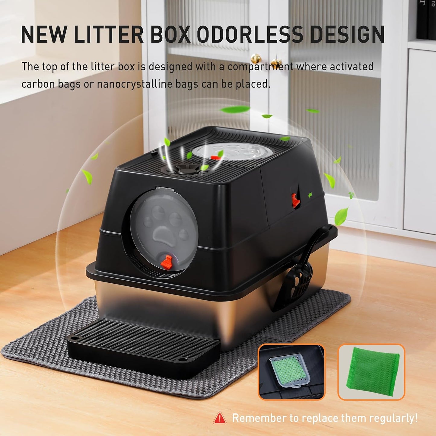 Citylife Stainless Steel Litter Box with Lid Flip-Top Removable High Enclosed Cat Litter Box with Litter Mat Step&Litter Scoop Metal Litter Pan Easy Cleaning Odor-Resistant Large Space for Cats Black