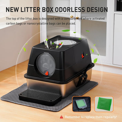 Citylife Stainless Steel Litter Box with Lid Flip-Top Removable High Enclosed Cat Litter Box with Litter Mat Step&Litter Scoop Metal Litter Pan Easy Cleaning Odor-Resistant Large Space for Cats Black