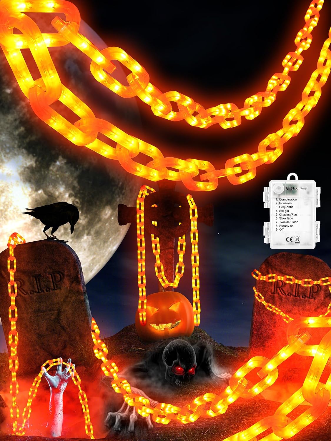 Battery Halloween Chain Lights 10 FT 160 LED Orange Light-Up Plastic Timer