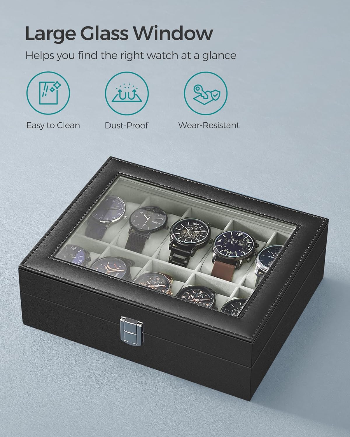 SONGMICS Watch Box, 6-Slot Watch Case, Watch Box Organizer, Black Synthetic Leather, Greenish Gray Lining UJWB06BK