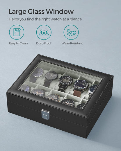 SONGMICS Watch Box, 6-Slot Watch Case, Watch Box Organizer, Black Synthetic Leather, Greenish Gray Lining UJWB06BK