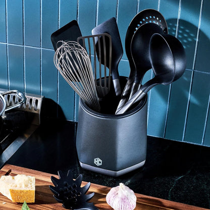 HexClad 9-Piece Kitchen Utensil Set, 9 Stainless Steel & Silicone Tools with a Fingerprint-Resistant Metallic Finish, Heat-Resistant to 450°F, Dishwasher-Safe, Includes Non-Slip Ceramic Crock Holder