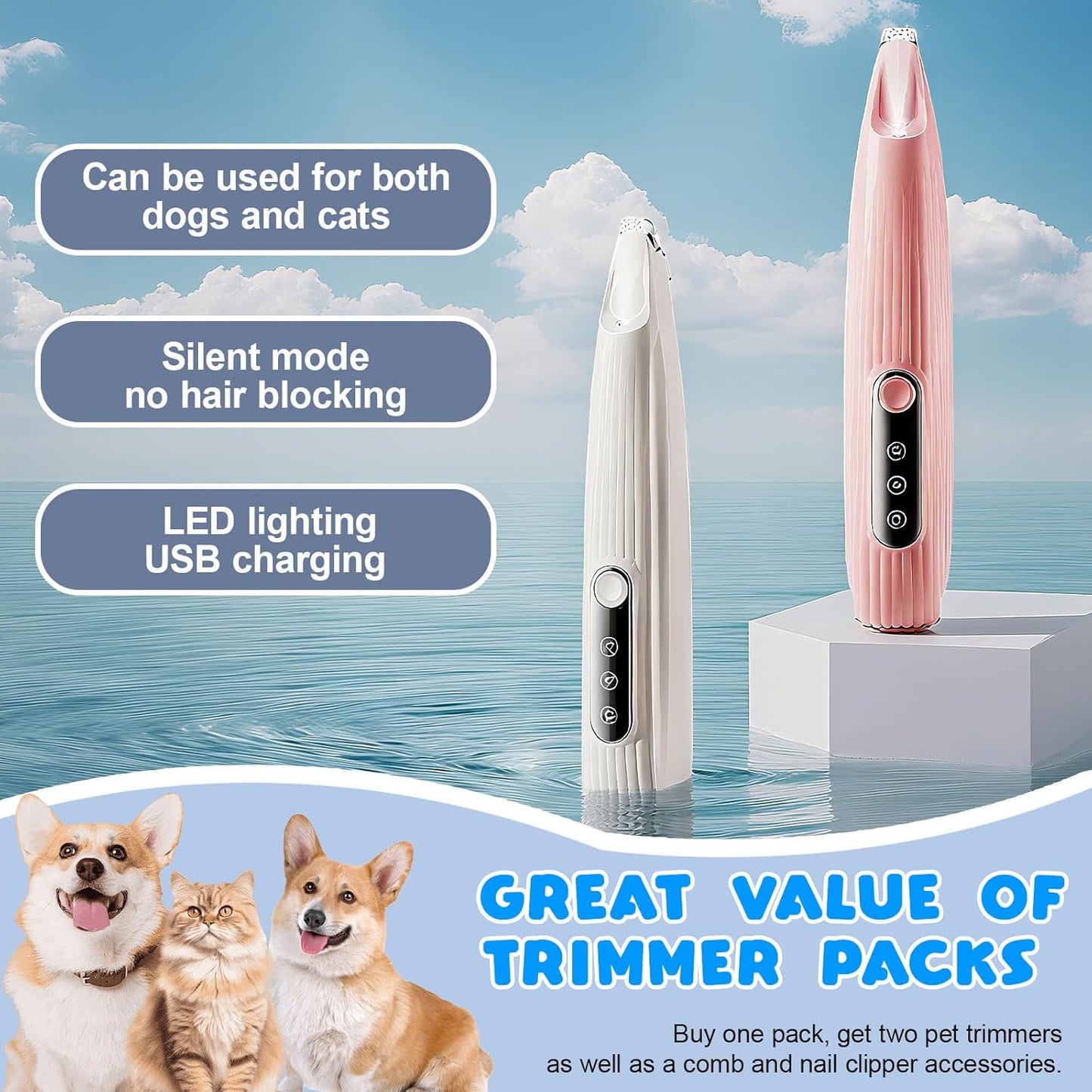 DoggyKings Pet Paw Trimmer 2Pack, 3 in 1 Electric Dog Trimmer, Rechargeable Waterproof with LED Light for Trimming Dog's Hair Around Paws, Eyes Ears Face Feet, with Nail Clippers, Grooming Brush