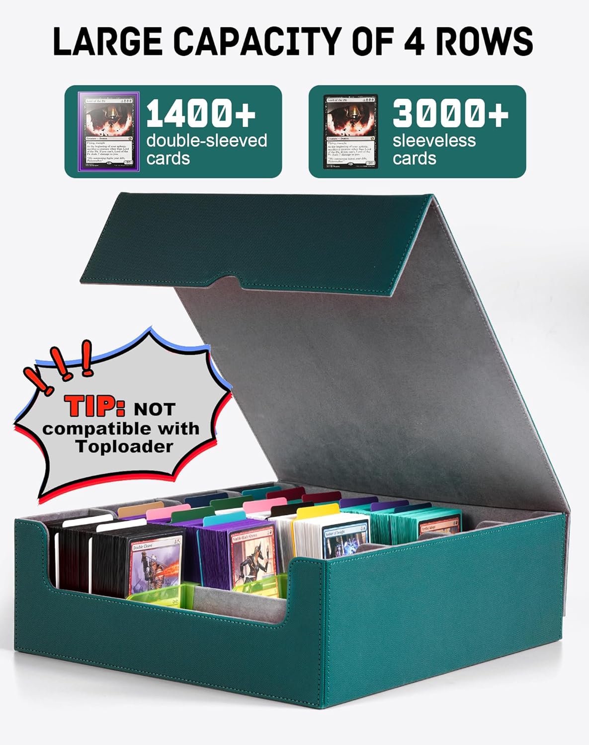 ZLCA Card Storage Box for MTG PTCG, Commander Deck Box Holds 3000+ Cards, Card Storage Case with 4 Stoppers, Card Organizer for TCG Sport Cards (Black)