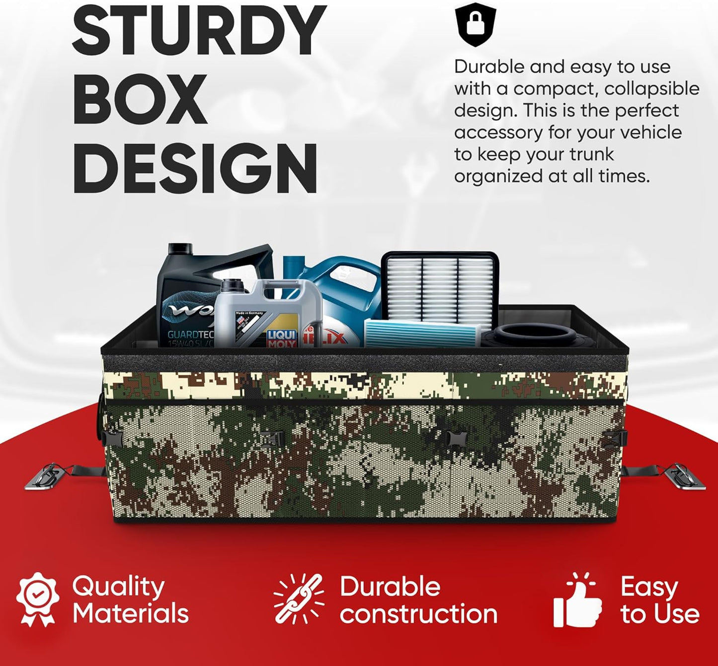 FORTEM Car Trunk Organizer, Collapsible Multi Compartment Car Organizer, Foldable SUV Storage for Car Accessories for Women Men, Non Slip Bottom, Securing Straps, Soft Cover 50L (Black, Standard)
