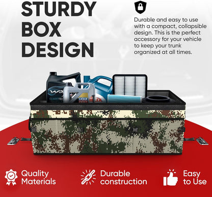 FORTEM Car Trunk Organizer, Collapsible Multi Compartment Car Organizer, Foldable SUV Storage for Car Accessories for Women Men, Non Slip Bottom, Securing Straps, Soft Cover 50L (Black, Standard)