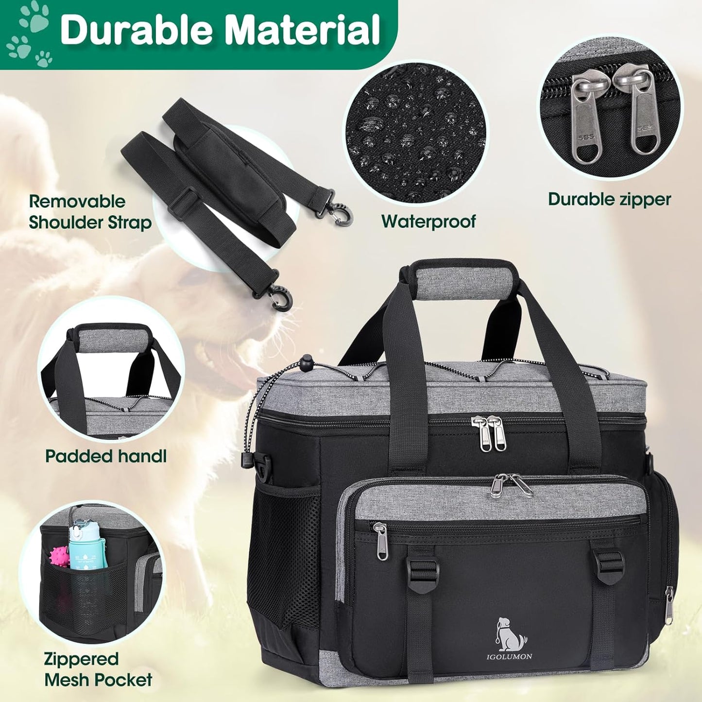 IGOLUMON Dog Travel Bag Weekend Pet Travel Bag Set for Supplies Large Dog Camping Kit Airline Approved Tote Organizer with Multi Pockets, 2 Large Food Containers, 2 Dog Bowls, 1 Feeding Mat