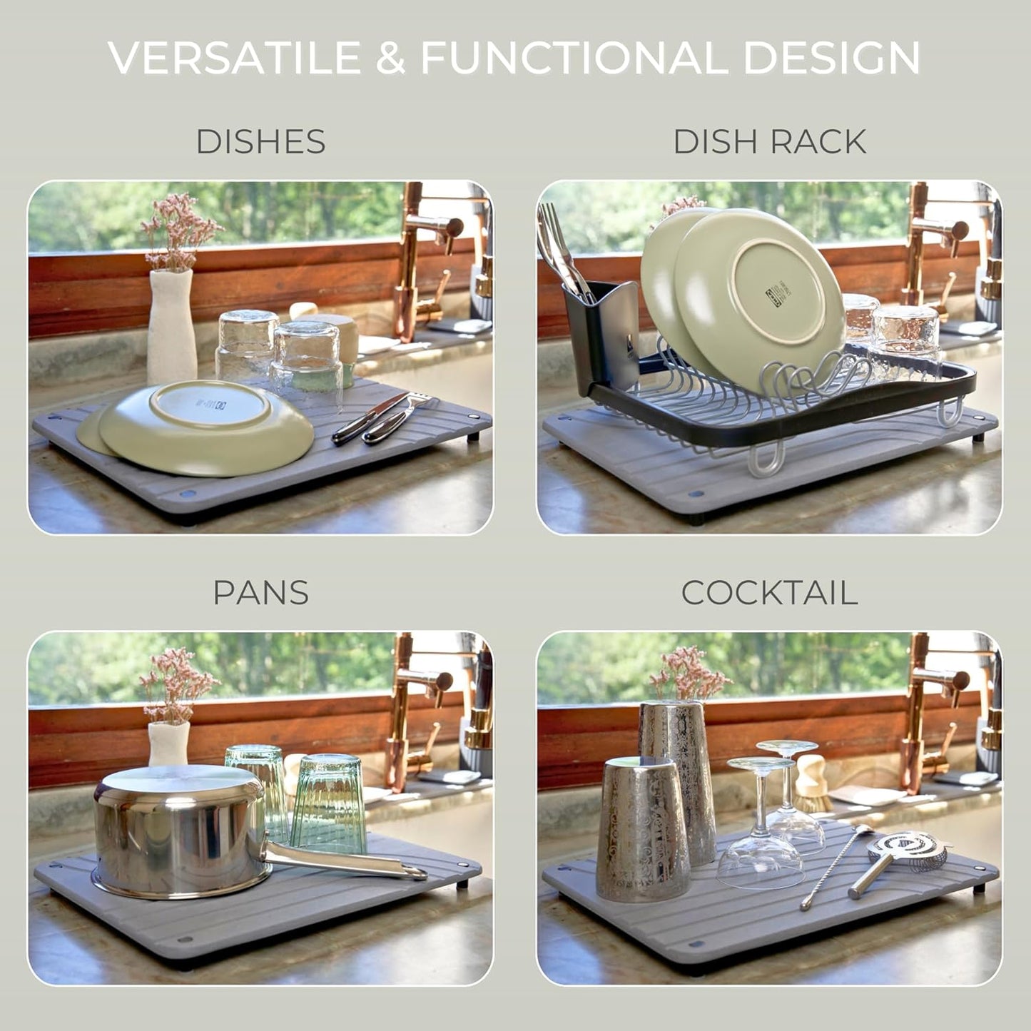 Natureva Home - Stone Dish Drying Mat | Super Absorbent, Quick Dry | Diatomite Mats for Kitchen Counter | Made of Natural Diatomaceous Earth | Absorbing Water Instantly | Design Tide | Colour Graphite