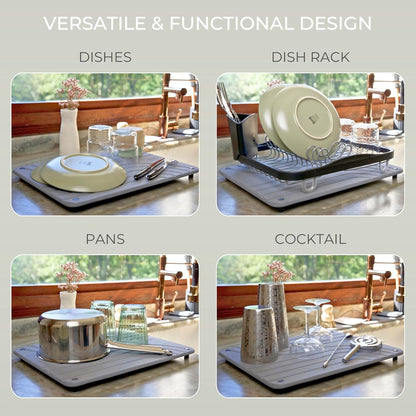 Natureva Home - Stone Dish Drying Mat | Super Absorbent, Quick Dry | Diatomite Mats for Kitchen Counter | Made of Natural Diatomaceous Earth | Absorbing Water Instantly | Design Tide | Colour Graphite