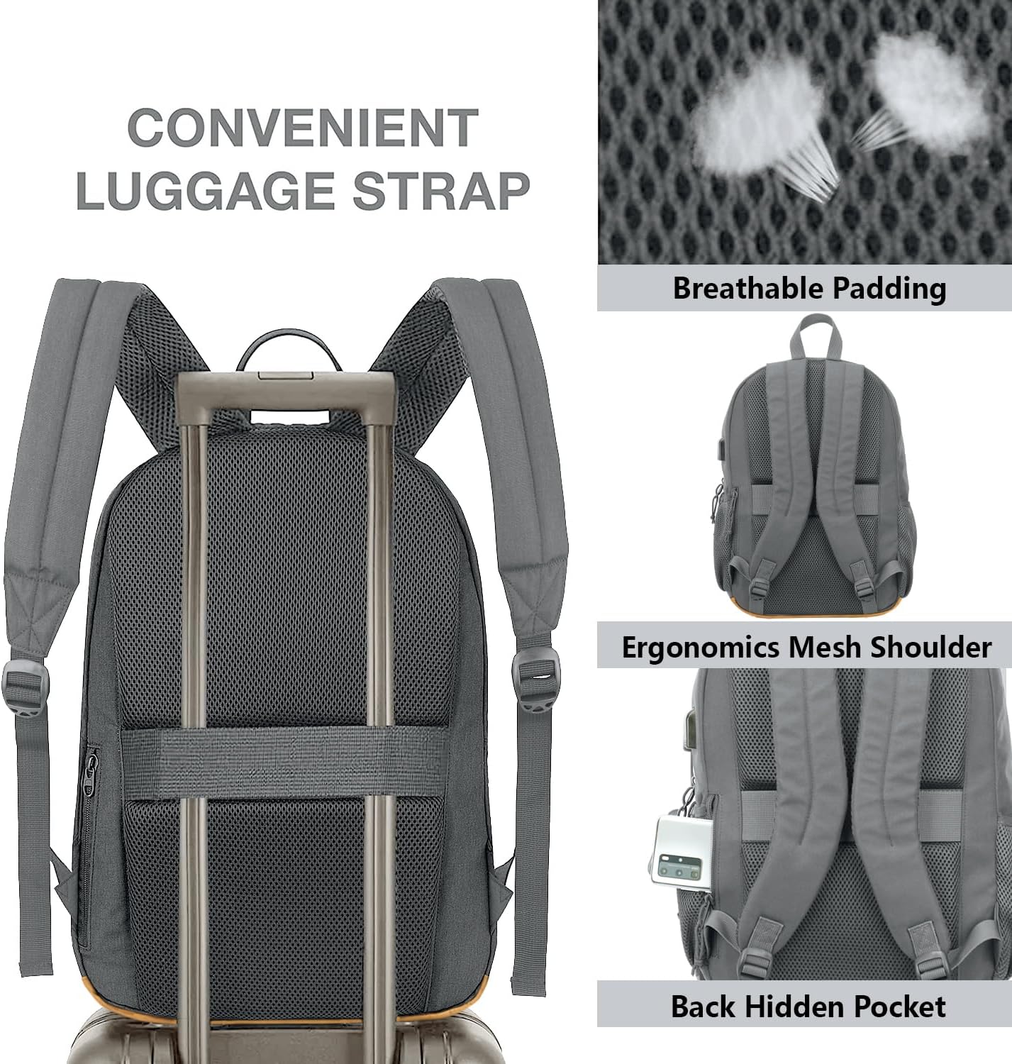 KEOFID classic carry-on travel backpack for men and women, Anti theft laptop backpack with USB charging port, large backpack for college(dark black）