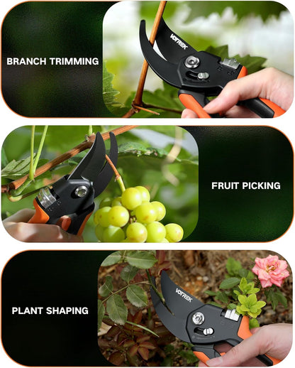 VOTREK Pruning Shears - 8.5" Heavy Duty Bypass Pruners for Gardening with Built-in Spring & SK5 Steel Blades - Ergonomic Adjustable Handle for All Hand Sizes, Garden Clipper Plant Scissors for Branch