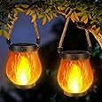 2 Pack Solar Flame Lantern Lights — Flickering Flame Hanging Lanterns Outdoor, Waterproof Garden Lights with 2 Modes Dual Charging USB & Solar Yard, Patio Decor