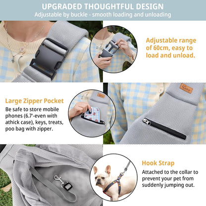 Cuby Adjustable Dog Cat Sling Padded Hard Bottom Pet Carrier Sling Soft Carrying Puppy Bag for Small Dogs Cats Outdoor Travel (Grayish-White)