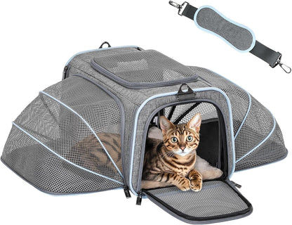 Petsfit Expandable Cat Dog Carrier Airline Approved, 17" L x 11" W x 11" H Soft-Sided Portable Pet Travel Carrier for Kitten, Puppy, Removable Soft Plush Mat and Pockets, Auto-Locking Zippers
