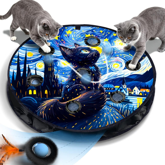 Interactive Cat Toy with Motion Activated Ball & 7-Hole Play Mat, Hide and Seek Exercise Game for Indoor Cats, Automatic Moving Cat Ball in Pouch, Rechargeable Cat Toys(Starry Night)