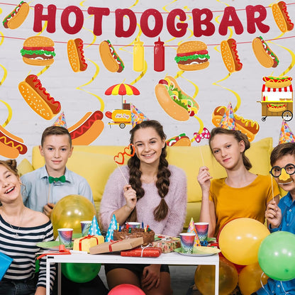 10Pcs Hot Dog Party Decorations - Hot Dog Bar Supplies Include 2 Hotdog Banners and 8 Swirl Decorations Hanging for Birthday Party, Hot Dog Food Party Decor Supplies Gold Red