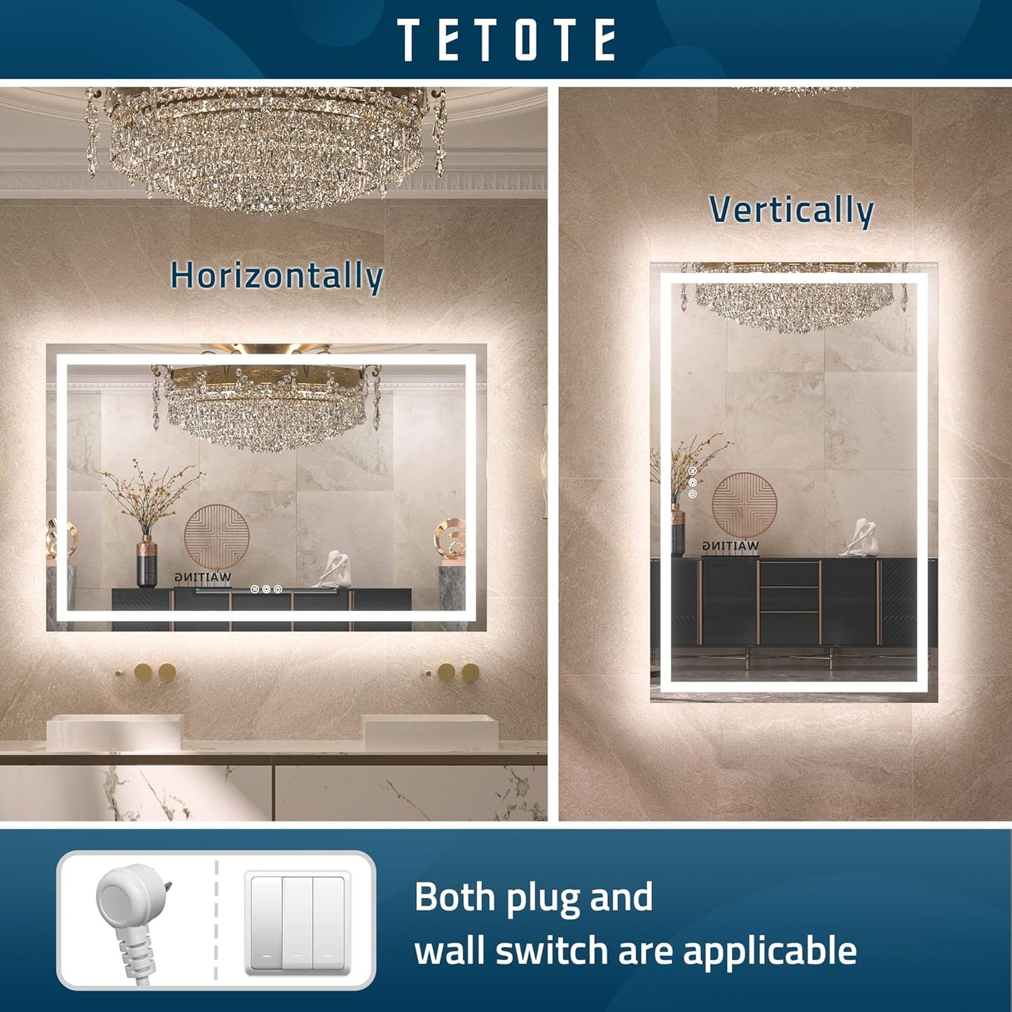 TETOTE LED Bathroom Mirror 20x28 Frontlit & Backlit Lighted Vanity Mirror Anti Fog Stepless Dimmable 3 Colors White/Warm/Natural,Double Lights,Wall-Mounted(Horizontal/Vertical)