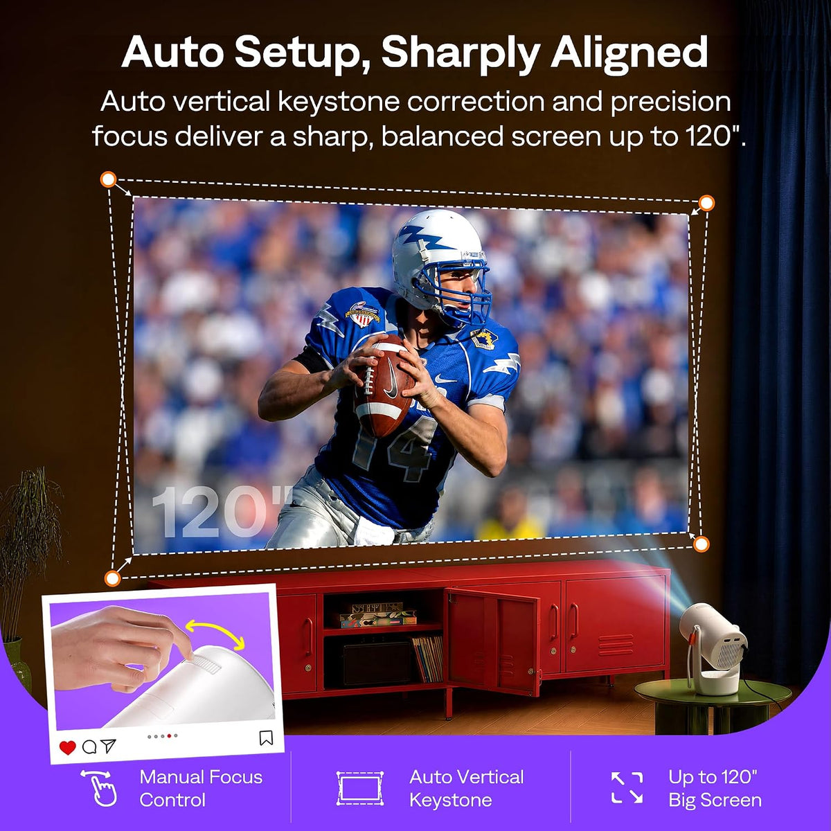 Aurzen Roku TV E1R Smart Portable Mini Projector with Bluetooth and AirPlay Roku TV Built-in, Upgraded Sound Base, 180° Rotation, Auto Vertical Keystone, 20–120″ Image for Home/Bedroom/Outdoor Movies