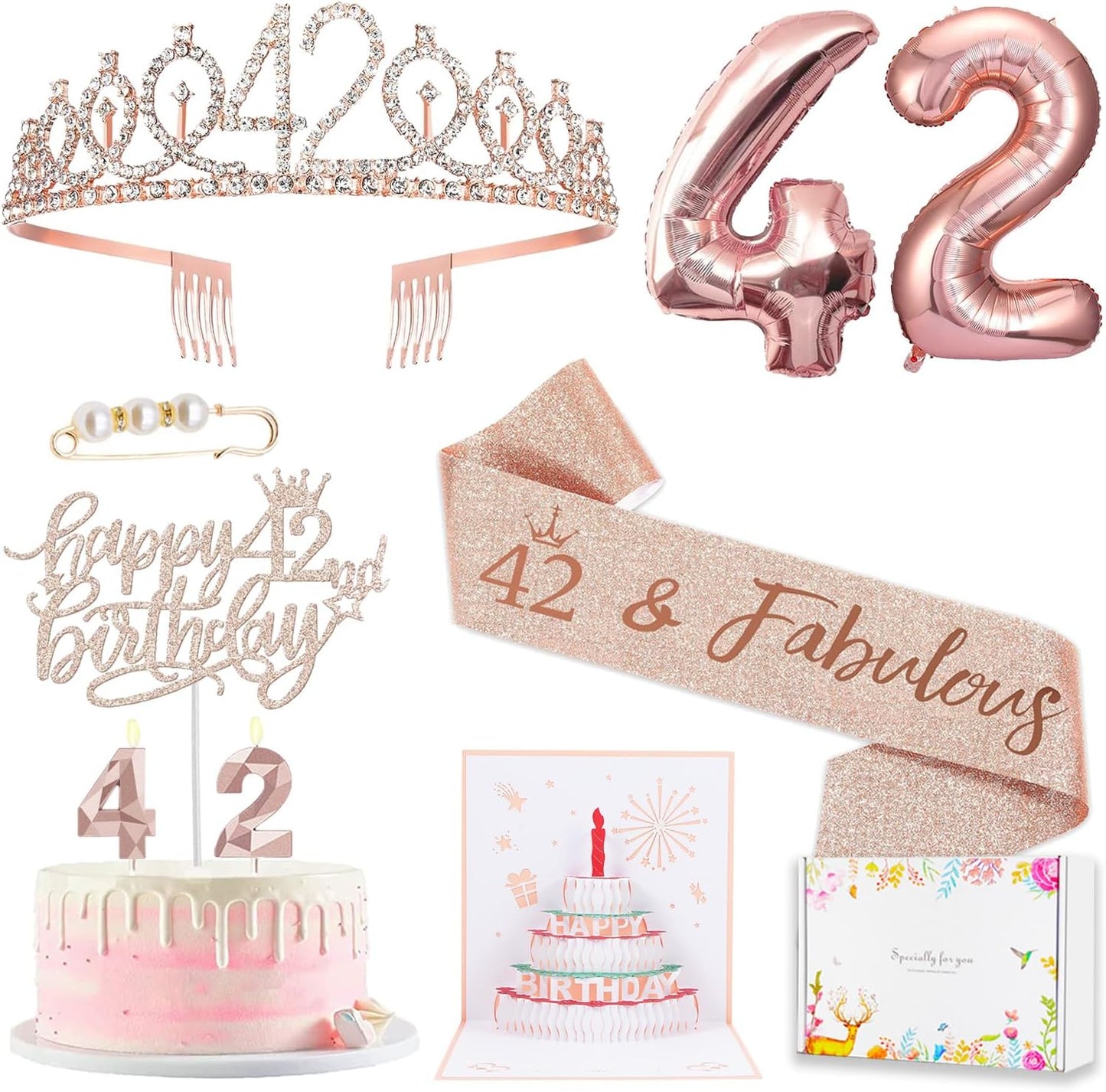 8pcs 40th Birthday Decorations gifts for Women, Including 40th Happy Birthday Cake Topper, Queen Sash with Pearl Pin, Sweet Rhinestone Tiara Crown for Women, Number Candles and Balloons (Rose Gold)