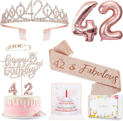8pcs 40th Birthday Decorations gifts for Women, Including 40th Happy Birthday Cake Topper, Queen Sash with Pearl Pin, Sweet Rhinestone Tiara Crown for Women, Number Candles and Balloons (Rose Gold)
