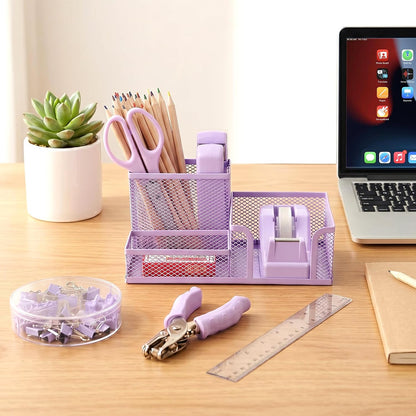Purple Office Desk Accessories, 9 Pcs Desk Organizers and Accessories with Mesh Pen Holder, Stapler, Tape Dispenser, Hole Punch, Office Supplies Set for Office Home School Women Students Gift