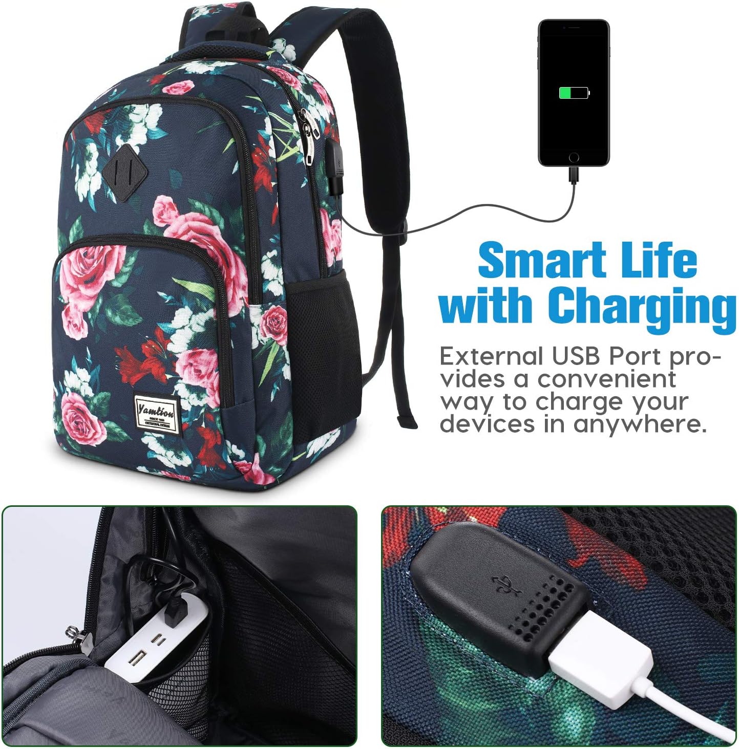 Backpack for Teen Girls,Boys School Backpack for Women with USB,College Backpack,Big Flower