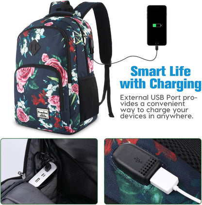 Backpack for Teen Girls,Boys School Backpack for Women with USB,College Backpack,Big Flower
