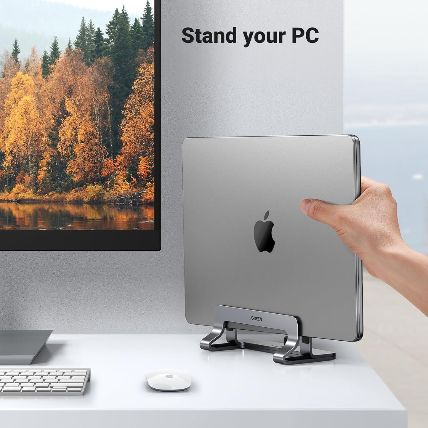 UGREEN Vertical Laptop Stand Holder Mount for Desk, Riser Adjustable Aluminum Compatible with MacBook Pro Air, Ideapad, Surface Book, Chromebook Up to 15.6inch, Grey