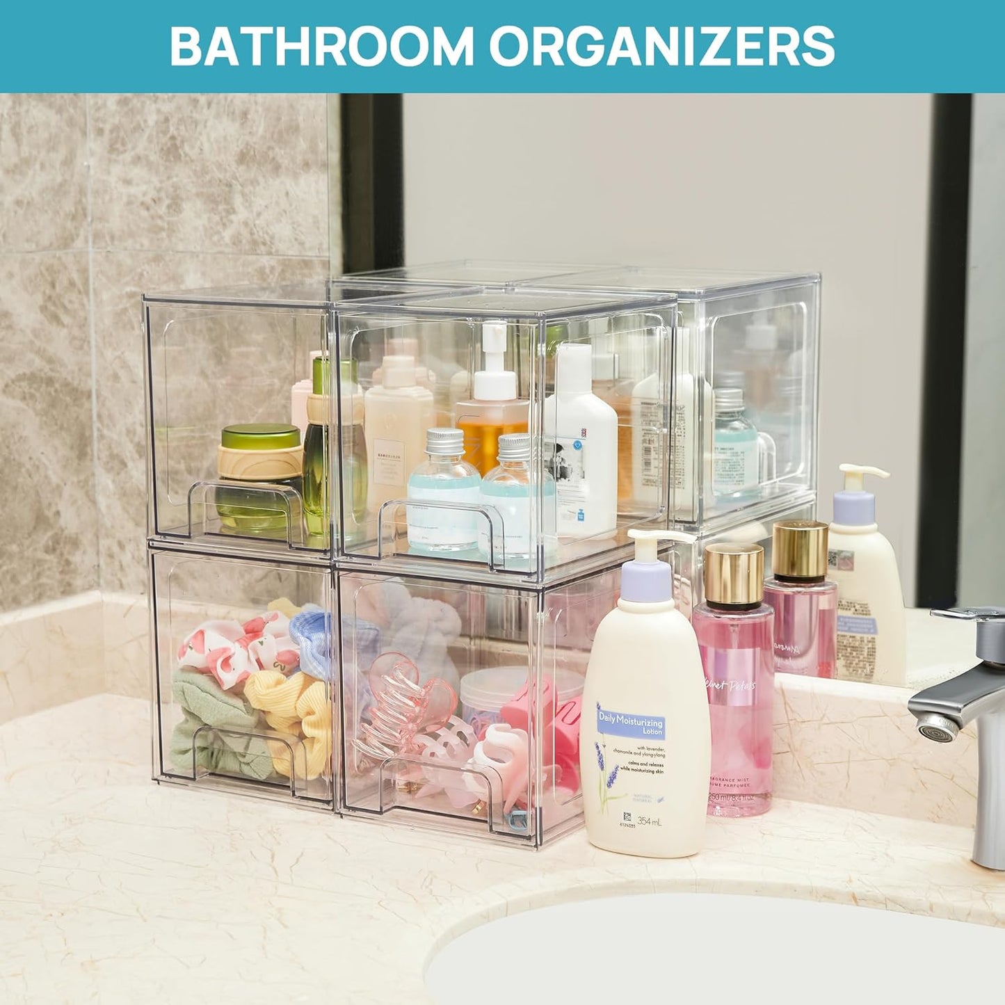 Vtopmart 3 Pack Stackable Clear Plastic Drawer Organizer, Makeup Organizers and Storage for Eyeshadow Palettes, Cosmetics, Beauty Supplies, Ideal for Vanity, Desk, Office, Bathroom Organization