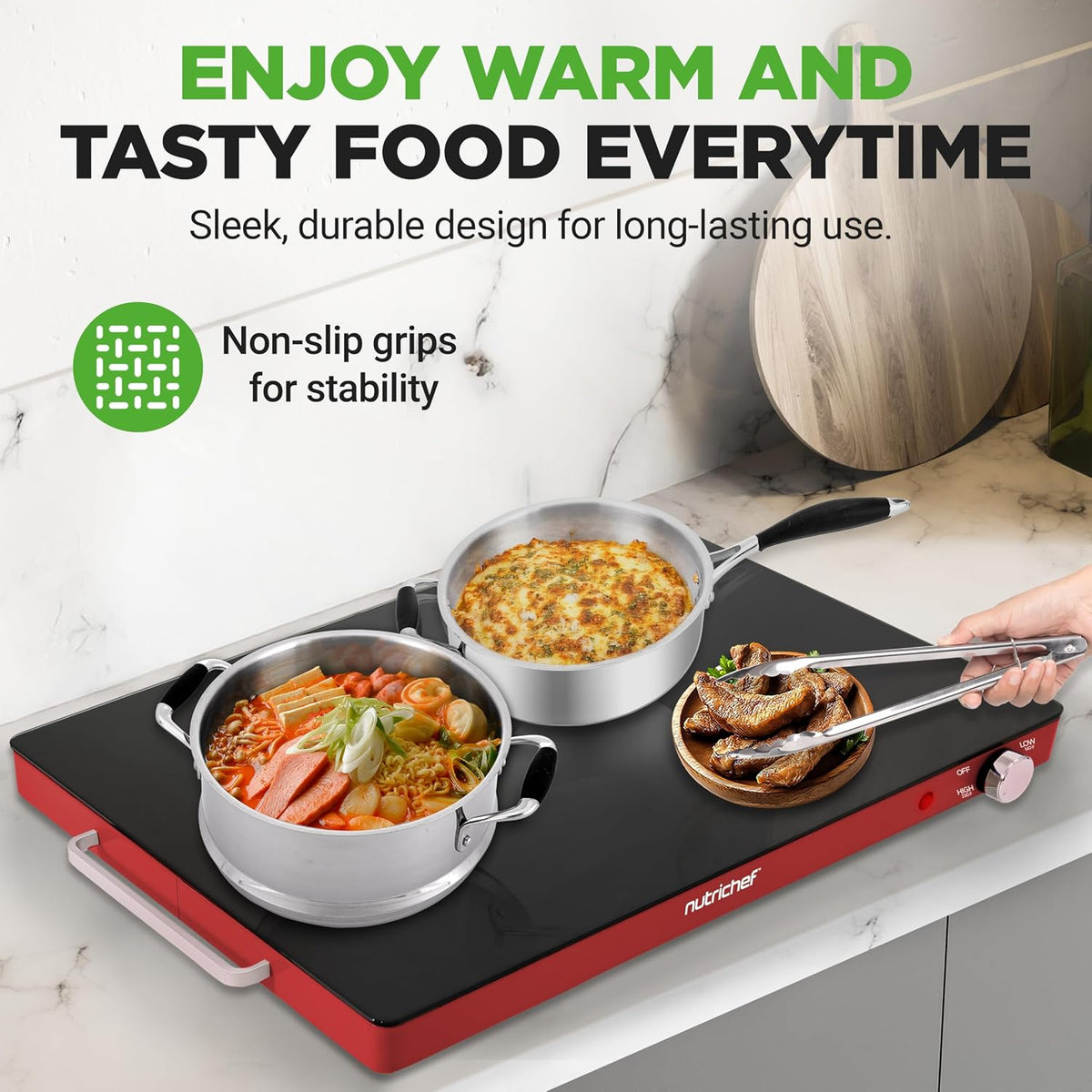 NutriChef Electric Warming Tray, 21" x 16" Glass Food Warmer for Buffets