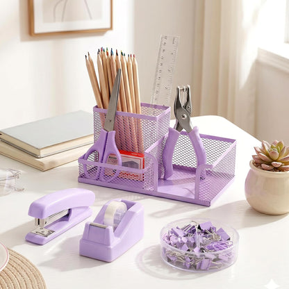 Purple Office Desk Accessories, 9 Pcs Desk Organizers and Accessories with Mesh Pen Holder, Stapler, Tape Dispenser, Hole Punch, Office Supplies Set for Office Home School Women Students Gift