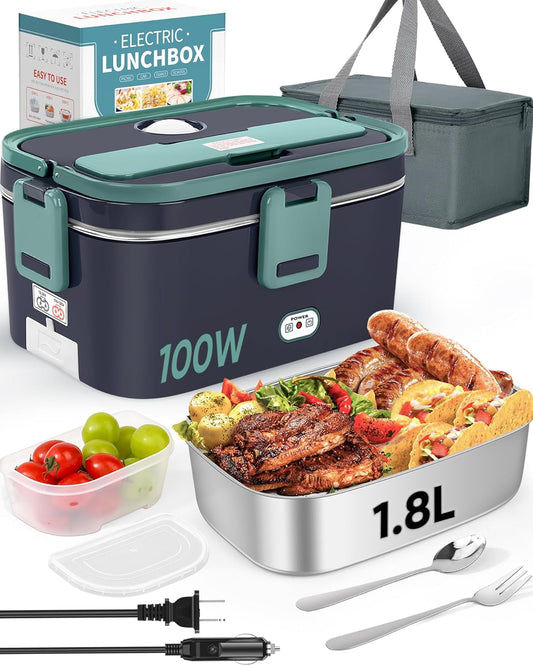 Eocolz Electric Lunch Box Food Heater, 100W - 1.8L Stainless Steel Container 12V/24V/110-230V Portable Food Warmer Lunch Box for Car/Truck/Home, 3 in 1 Lunch Boxes with Spork & Insulated Carry Bag
