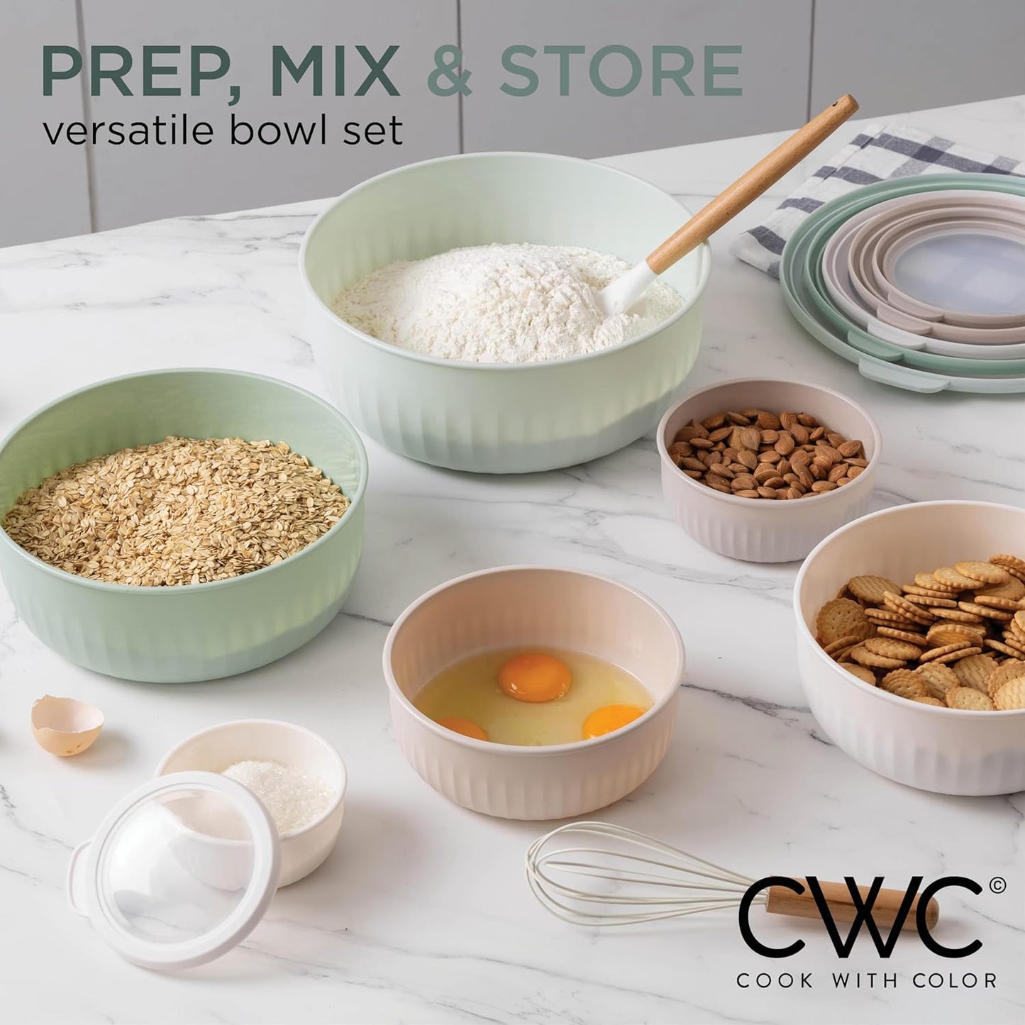 COOK WITH COLOR Prep Bowls with Lids- 8 Piece Nesting Plastic Small Mixing Bowl Set with Lids (Teal Ombre)