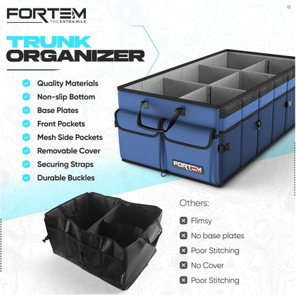 FORTEM Car Trunk Organizer, Collapsible Multi Compartment Car Organizer, Foldable SUV Storage for Car Accessories for Women Men, Non Slip Bottom, Securing Straps, Soft Cover 50L (Black, Standard)