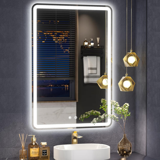 Vosuja 50x70cm LED Bathroom Mirror Rounded Corner Rectangle Frameless, 3 Colors Lighted & Stepless Dimmable Vanity-Mirror-with-Lights, Anti-Fog, Horizontal/Vertical Hanging Wall Mirror - PuriLite