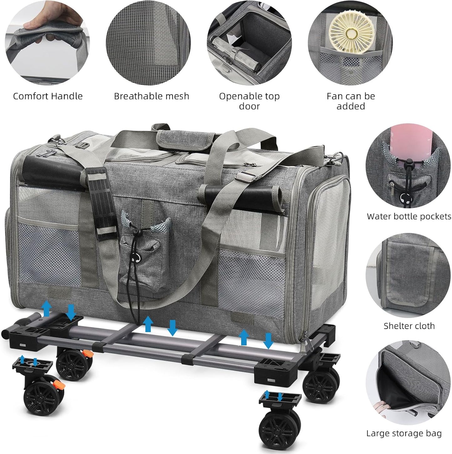 Foldable Large Pet Carrier with Wheels—Accommodates Two Pets, Includes cat Toy and Storage Strap. Breathable and Portable, Ideal for Hiking, Camping, and Travel (Gray)