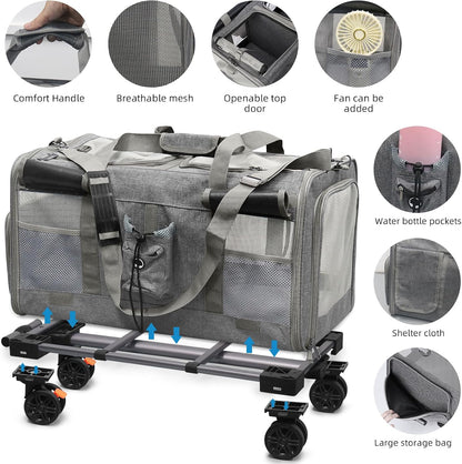 Foldable Large Pet Carrier with Wheels—Accommodates Two Pets, Includes cat Toy and Storage Strap. Breathable and Portable, Ideal for Hiking, Camping, and Travel (Gray)
