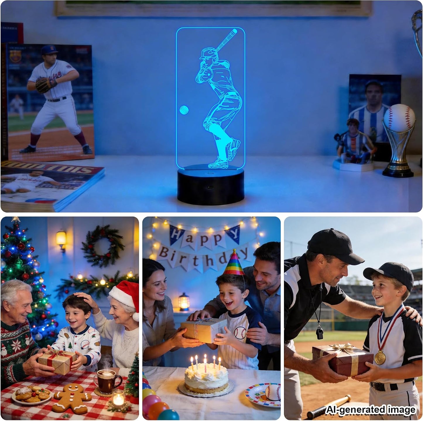 Baseball 3D Night Light, FULLOSUN Illusion Optical Bedside Lamp with Remote Control 16 Colors Changing, LED Cool Novelty Birthday Gift for Boy Kid Outdoor Sports Lover Collection Present