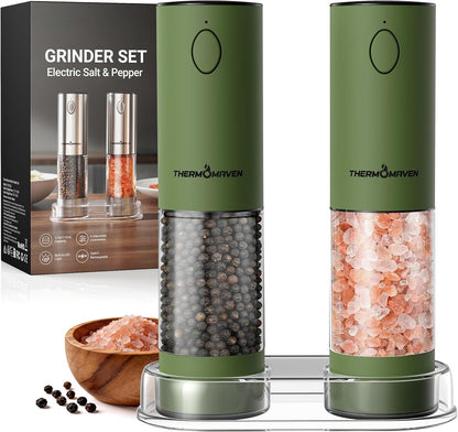 ThermoMaven Electric Salt and Pepper Grinder Set, 110ml Larger Rechargeable Automatic Salt and Pepper Mill Grinder with 6 Adjustable Coarseness, Electric Salt and Pepper Shakers, LED, 2 Packs, Silver