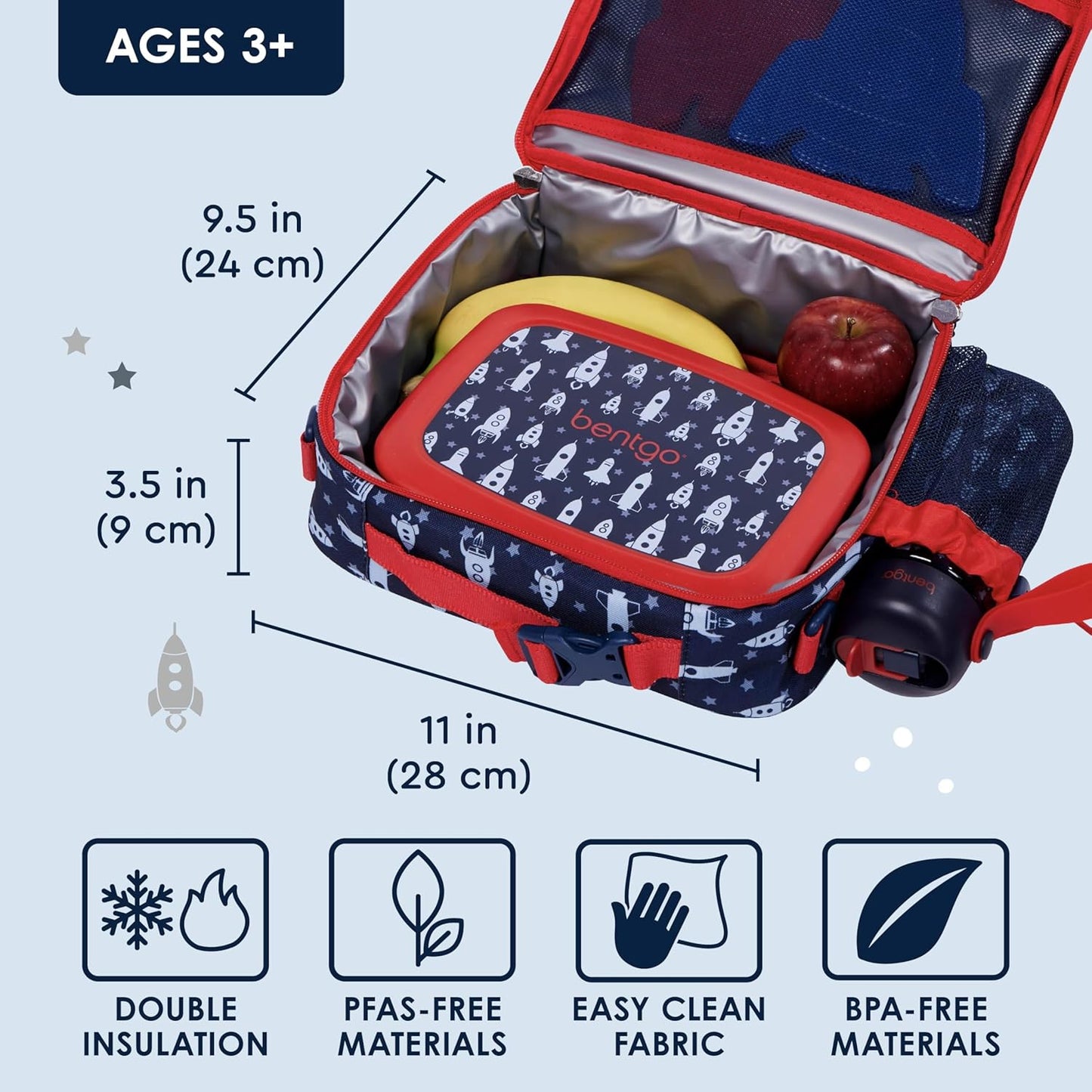 Bentgo® Kids Lunch Bag - Durable, Double Insulated, Water-Resistant Fabric, Interior & Exterior Zippered Pockets, Water Bottle Holder - Ideal for Children 3+ (Shark)