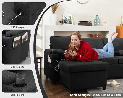 DURASPACE Sofa Bed Sleeper Pull Out 2 in 1 Sectional Sleeper Sofa Couches with Storage,USB, Cup Holder,Pullout Sectional Couches for Apartment Living Room (Dark Gray Linen)