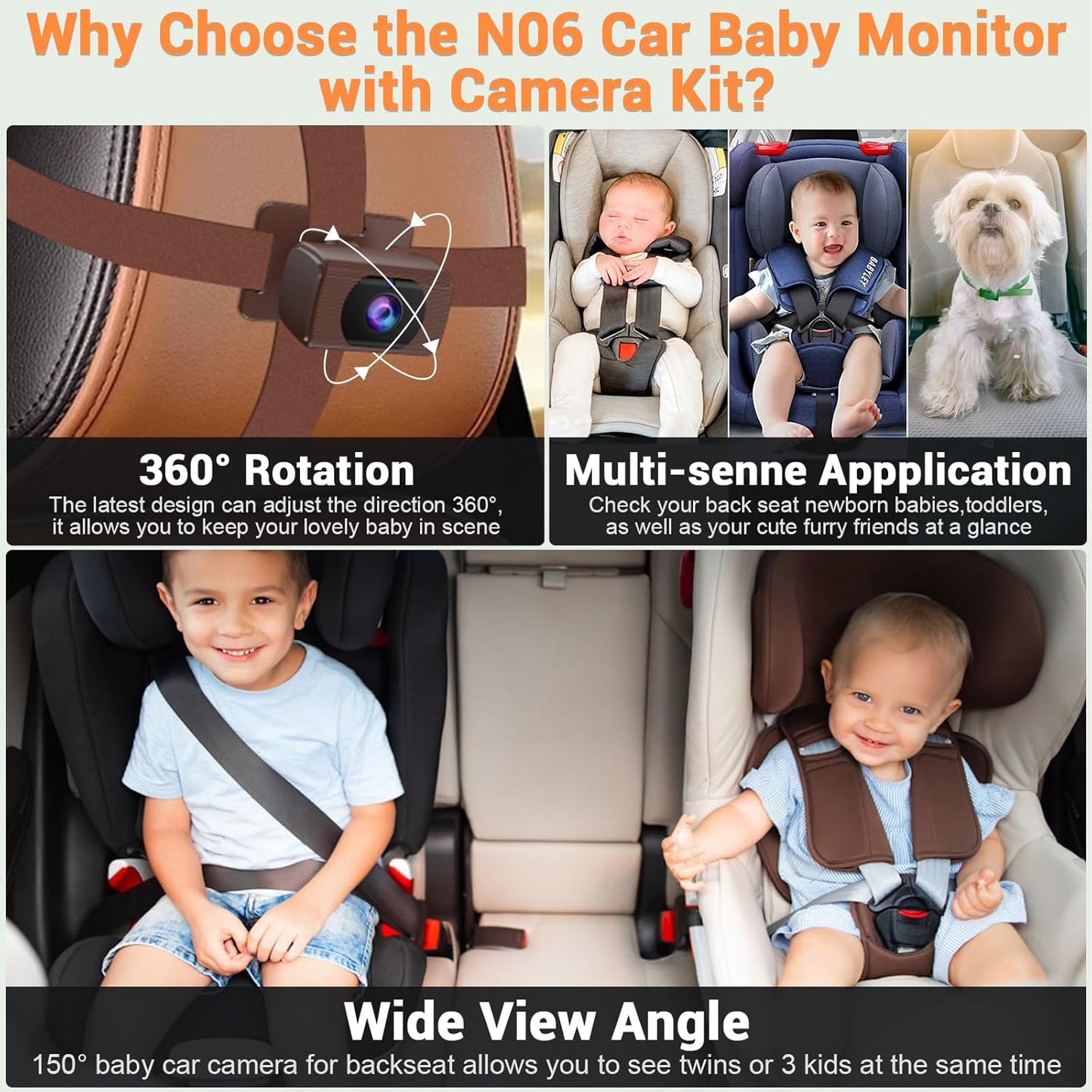 Rohent Baby Car Camera HD 1080P - Rear-Facing Infant Monitor with Night Vision Car Camera for Baby 150° Wide-Angle Lens Anti-Glare Screen Easy Install 360° Adjustable Display