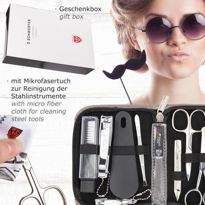 3 Swords Germany - brand quality 10 piece manicure pedicure grooming kit set for professional finger & toe nail care scissors clipper fashion leather case in gift box, Made by 3 Swords (003164)
