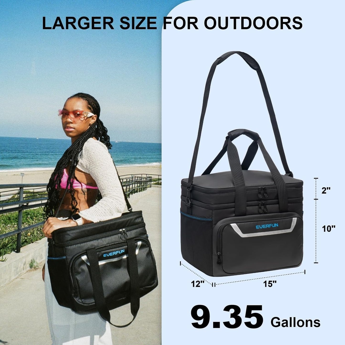 EVERFUN Cooler Bag Insulated Beach Cooler Lunch Bag Box for Men Women Dual Compartments Collapsible Waterproof Leak-Proof for Travel Work Picnic
