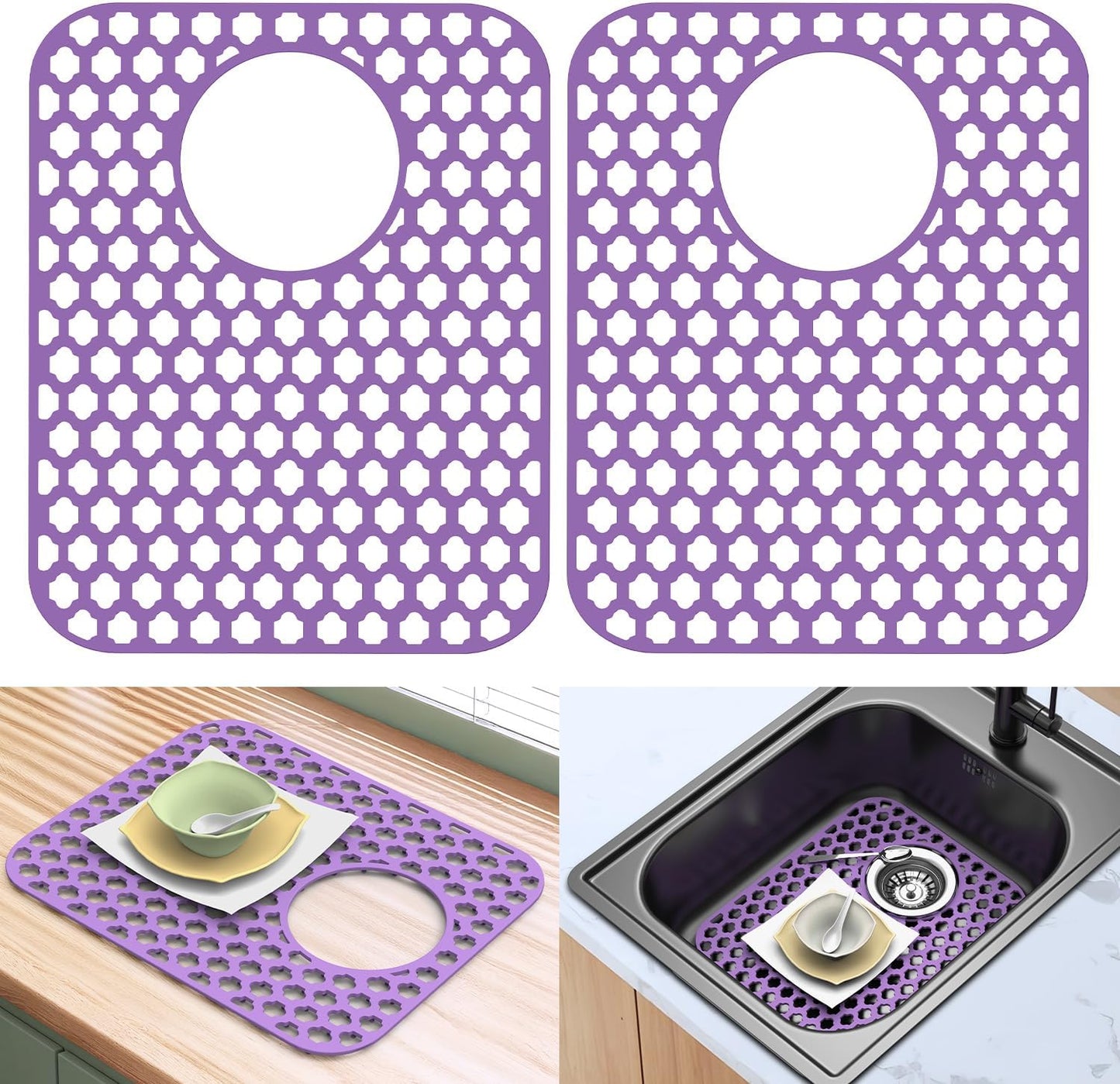 BEHOK 2 Pack Silicone Sink Protector for Kitchen Sink Bathroom Sink 13.58"x 11.6" Sink Mat, Non-Slip and Durable Silicone Sink Grid, Rear Drain (Gray)